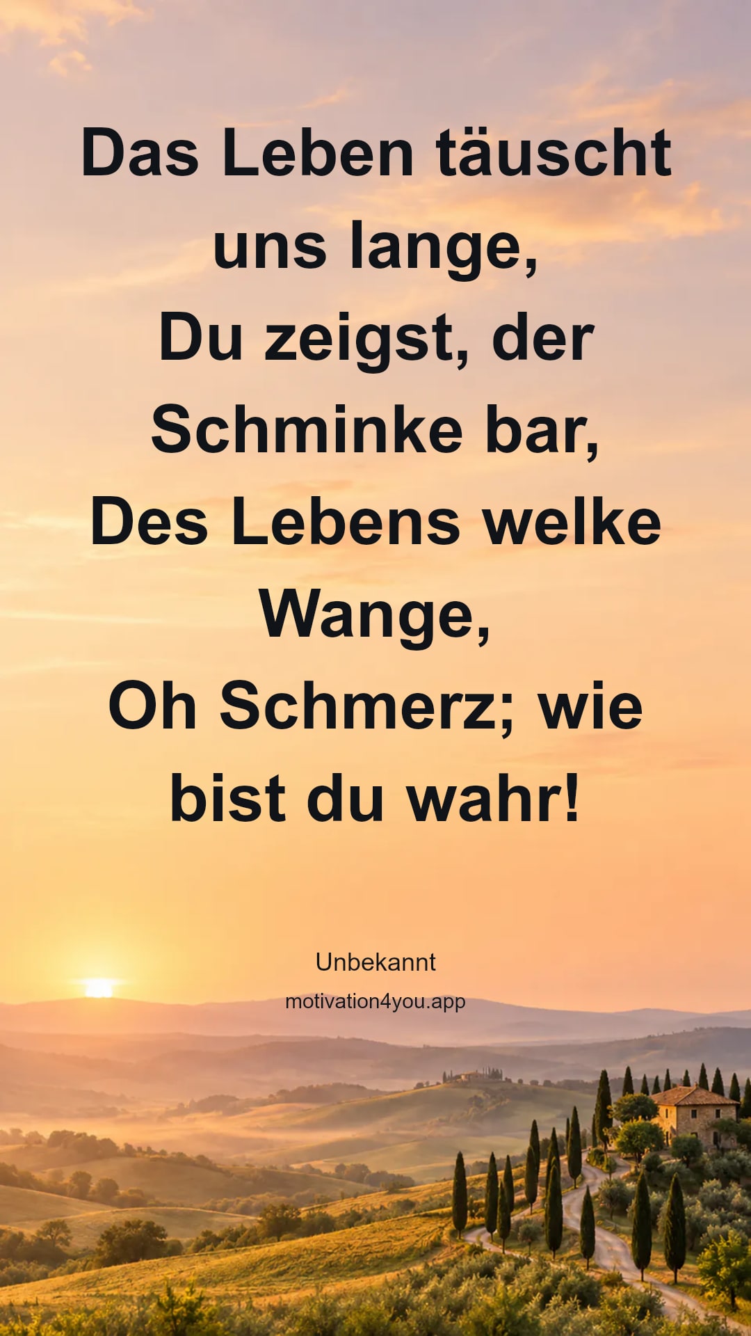 Das Leben täuscht uns lange,
Du zeigst, der Schminke bar,
Des Lebens welke Wange,
Oh Schmerz; wie bist du wahr!