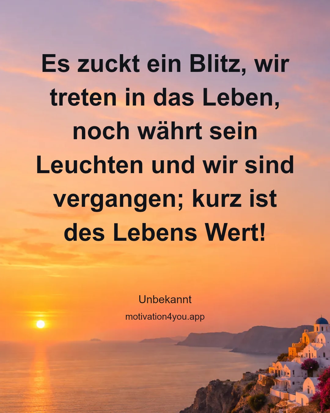 Es zuckt ein Blitz, wir treten in das Leben, noch währt sein Leuchten und wir sind vergangen; kurz ist des Lebens Wert!