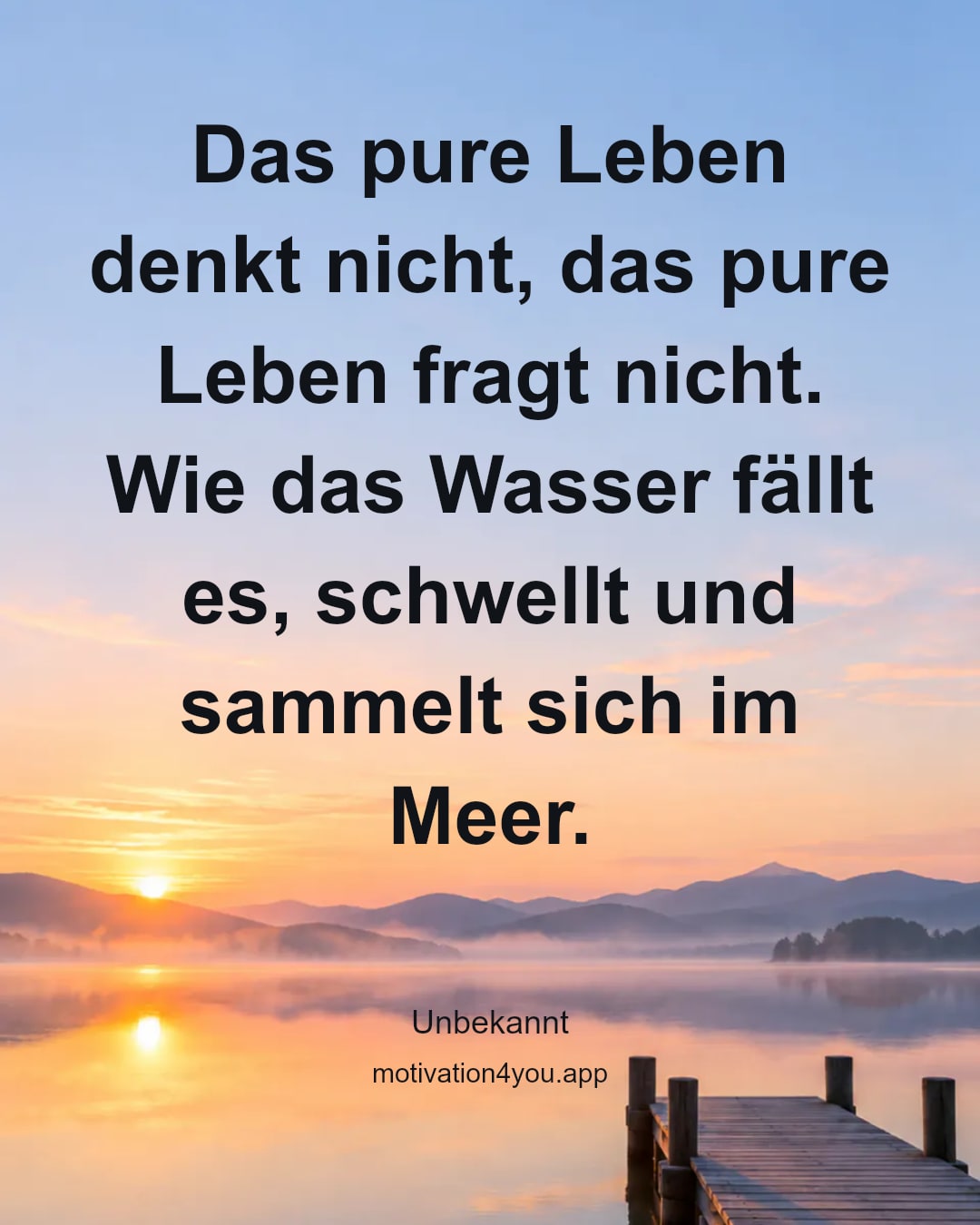 Das pure Leben denkt nicht, das pure Leben fragt nicht.
Wie das Wasser fällt es, schwellt und sammelt sich im Meer.