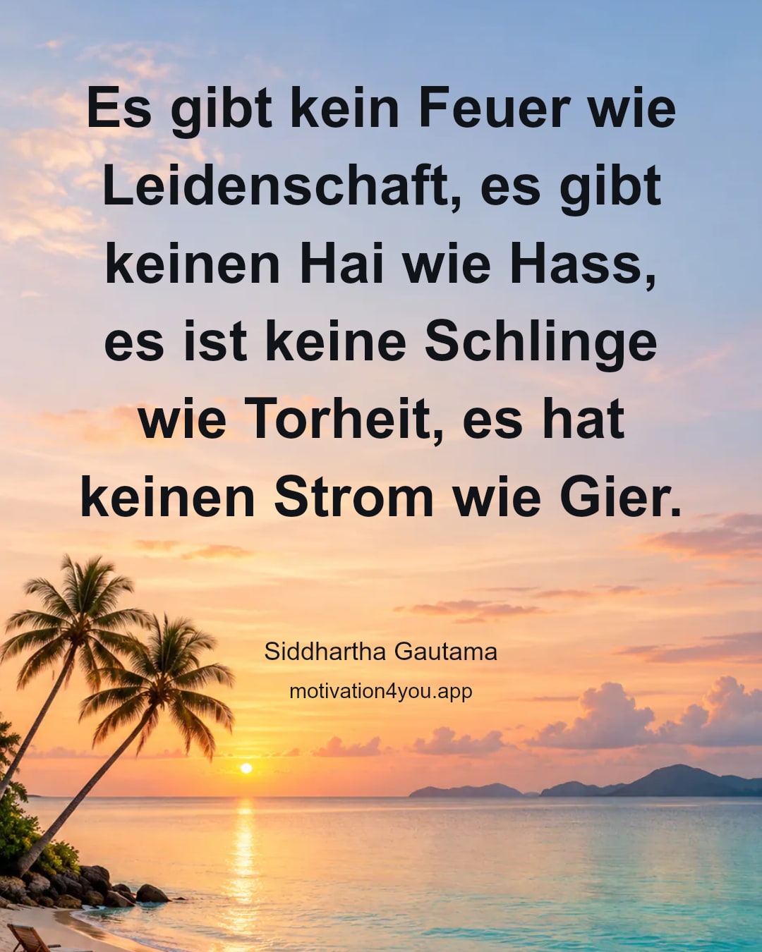 Es gibt kein Feuer wie Leidenschaft, es gibt keinen Hai wie Hass, es ist keine Schlinge wie Torheit, es hat keinen Strom wie Gier.